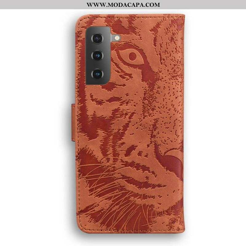 Capa De Couro Para Samsung Galaxy S21 Plus 5G Estampa Cara De Tigre