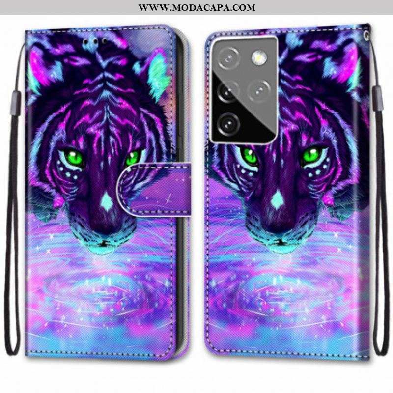 Capa De Couro Para Samsung Galaxy S21 Ultra 5G Felino Mágico