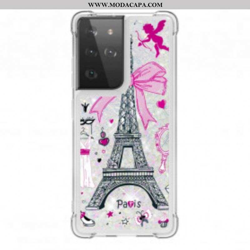 Capa Para Samsung Galaxy S21 Ultra 5G As Lantejoulas Da Torre Eiffel