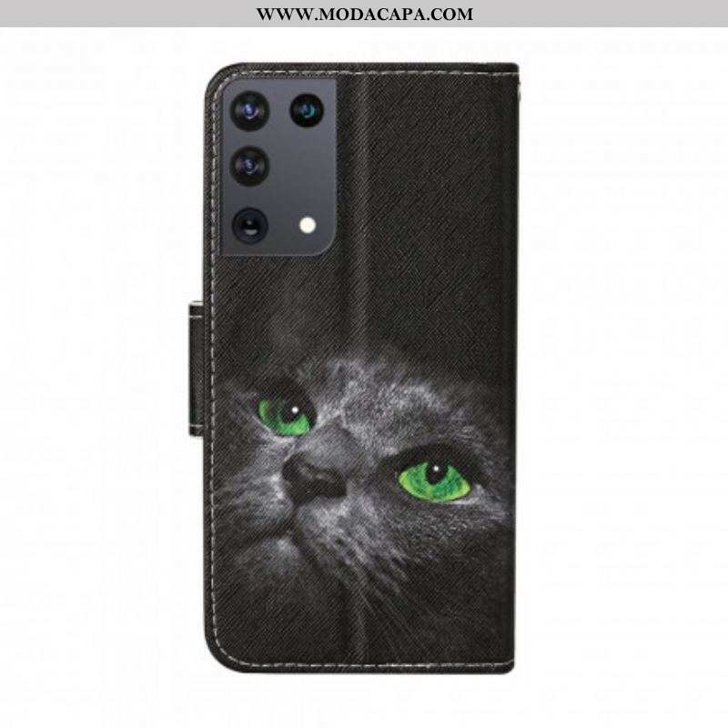 Capa Flip Para Samsung Galaxy S21 Ultra 5G Gato De Olhos Verdes Com Cordão