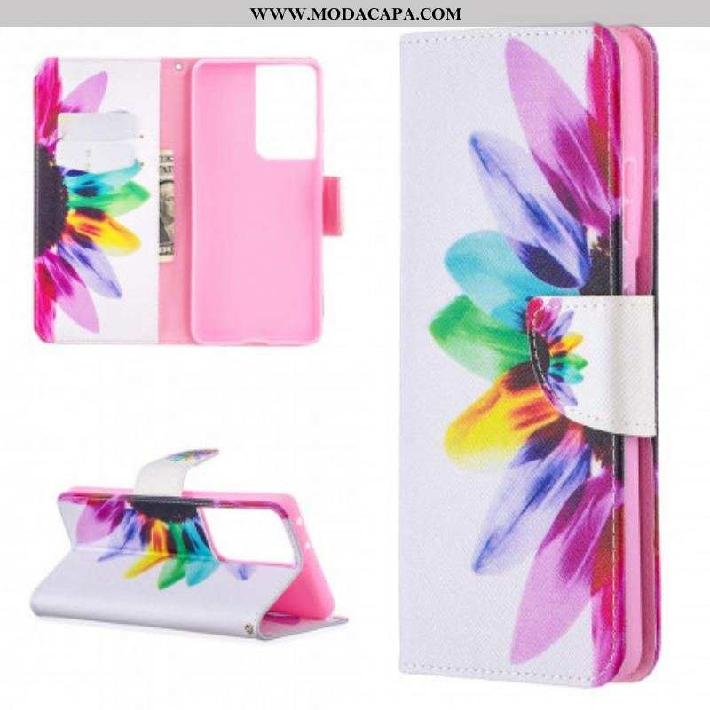 Capa De Couro Para Samsung Galaxy S21 Ultra 5G Flor Aquarela