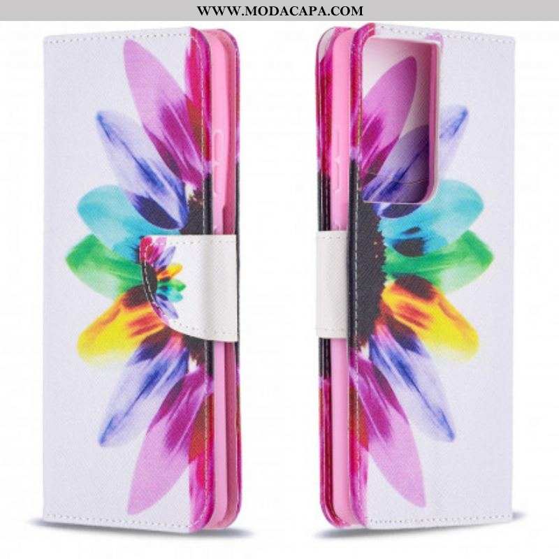 Capa De Couro Para Samsung Galaxy S21 Ultra 5G Flor Aquarela