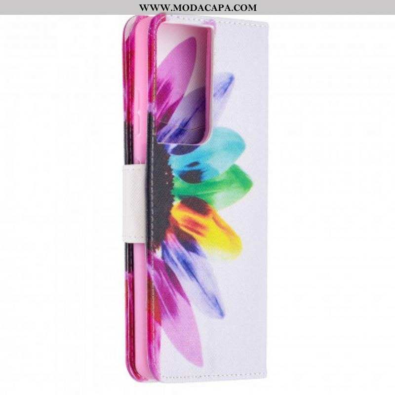 Capa De Couro Para Samsung Galaxy S21 Ultra 5G Flor Aquarela