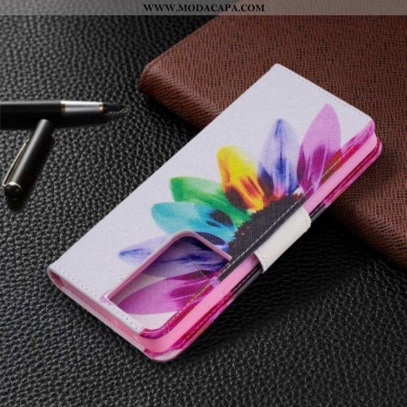 Capa De Couro Para Samsung Galaxy S21 Ultra 5G Flor Aquarela