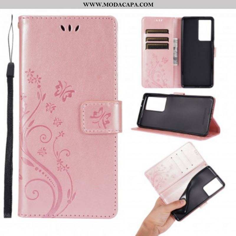 Capa Flip Para Samsung Galaxy S21 Ultra 5G Borboletas Ao Vento