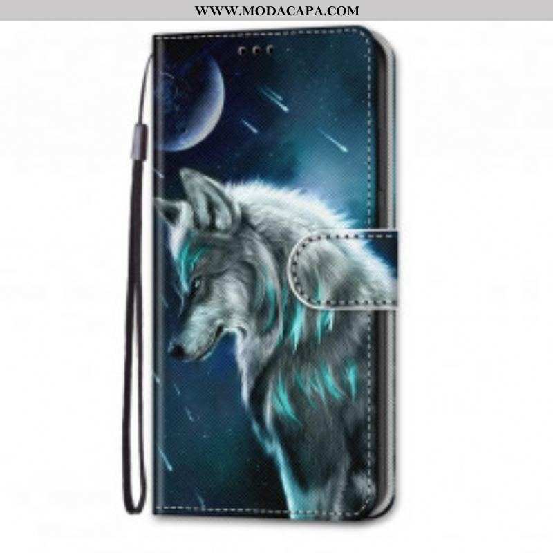 Capa Em Pele Para Samsung Galaxy S21 Ultra 5G Lobo Sob Uma Chuva De Estrelas