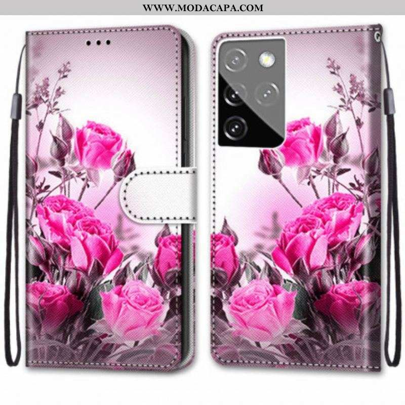 Capa De Couro Para Samsung Galaxy S21 Ultra 5G Flores Mágicas