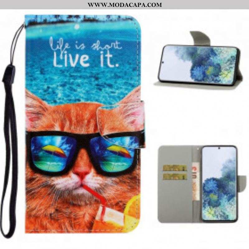 Capa De Couro Para Samsung Galaxy S21 Ultra 5G De Cordão Cat Live It Strappy