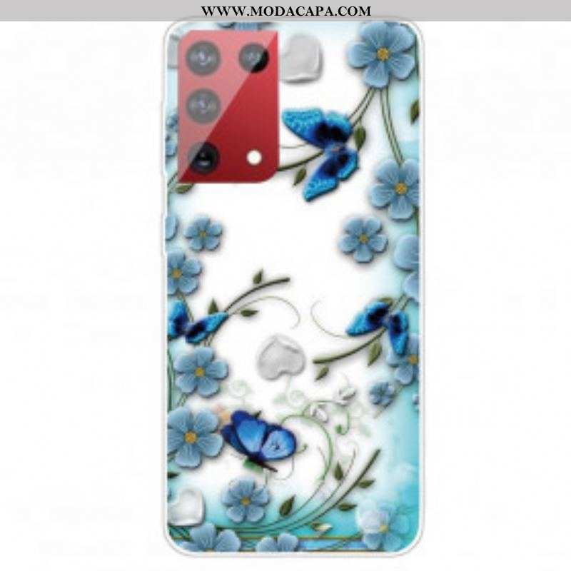 Capa Para Samsung Galaxy S21 Ultra 5G Borboletas E Flores Retrô