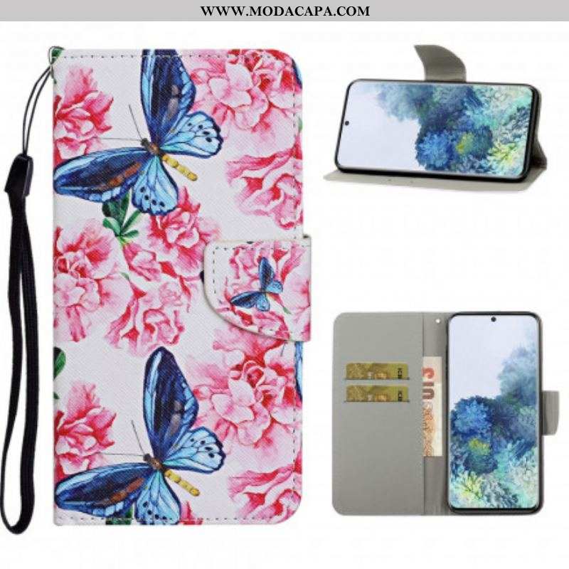 Capa Folio Para Samsung Galaxy S21 Ultra 5G Cordão Floral Borboletas