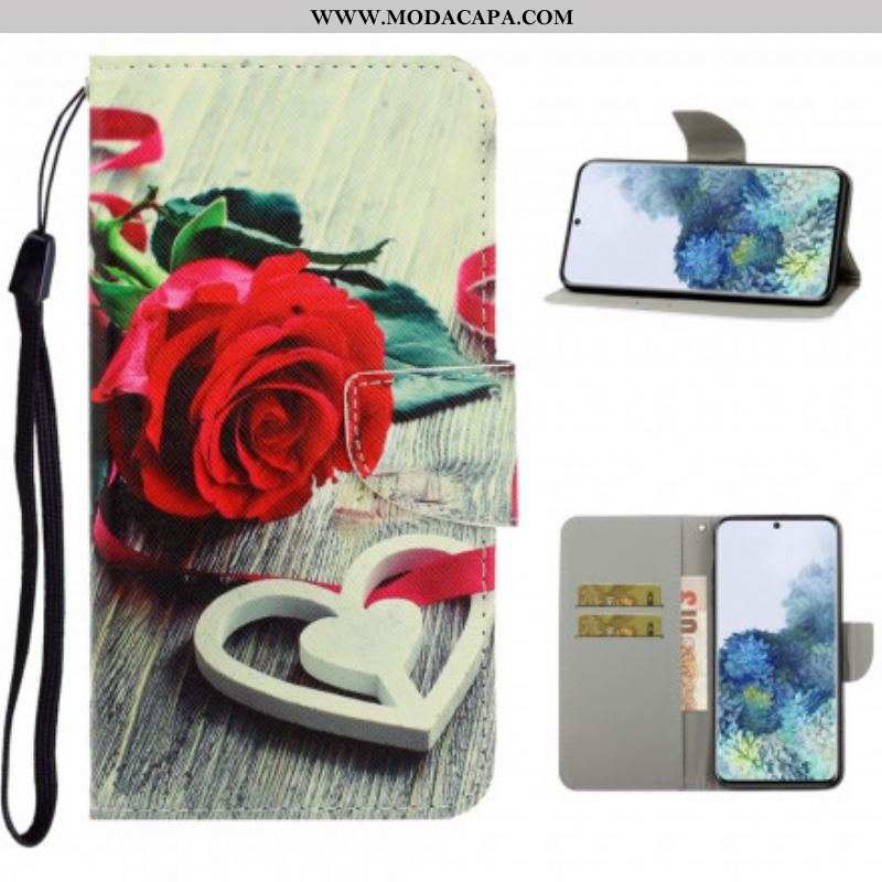Capa Flip Para Samsung Galaxy S21 Ultra 5G De Cordão Flores Coloridas Com Tiras