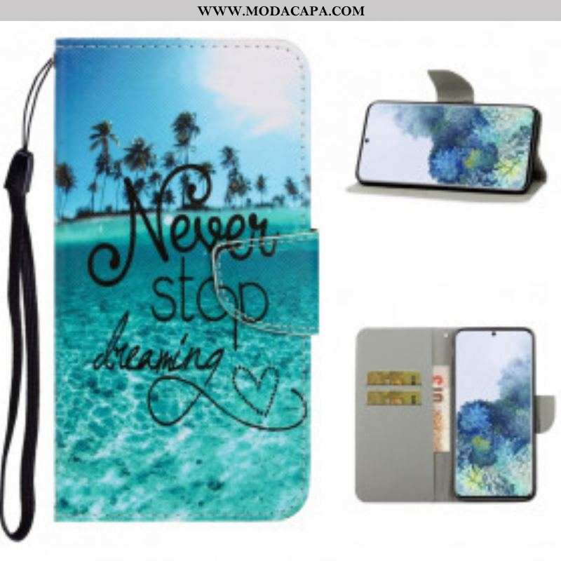 Capa De Couro Para Samsung Galaxy S21 Ultra 5G De Cordão Nunca Pare De Sonhar Com Strappy Navy