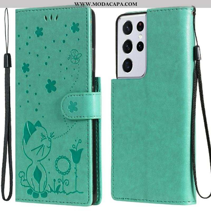 Capa Flip Para Samsung Galaxy S21 Ultra 5G De Cordão Gato E Abelha Com Cordão