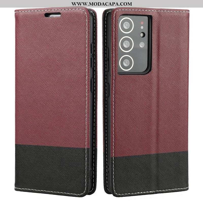 Capa De Celular Para Samsung Galaxy S21 Ultra 5G Flip Couro Sintético Texturizado Em Dois Tons