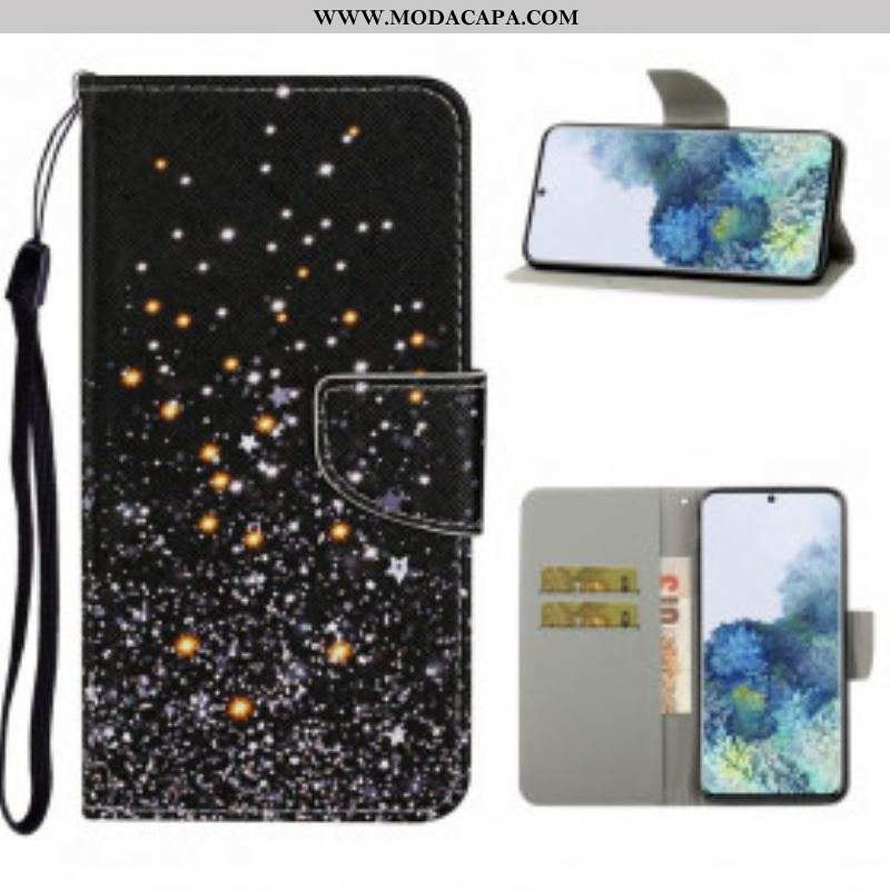 Capa Flip Para Samsung Galaxy S21 Ultra 5G Estrelas E Lantejoulas Com Cordão