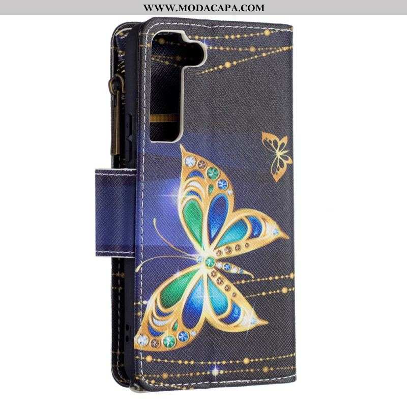 Capa Em Pele Para Samsung Galaxy S22 5G Bolso Com Zíper De Borboletas