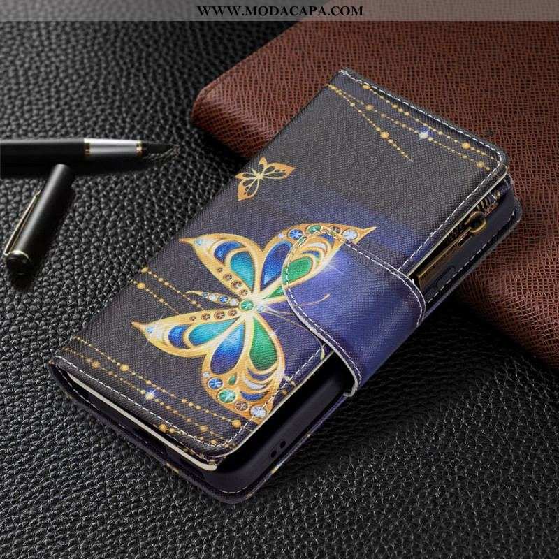 Capa Em Pele Para Samsung Galaxy S22 5G Bolso Com Zíper De Borboletas