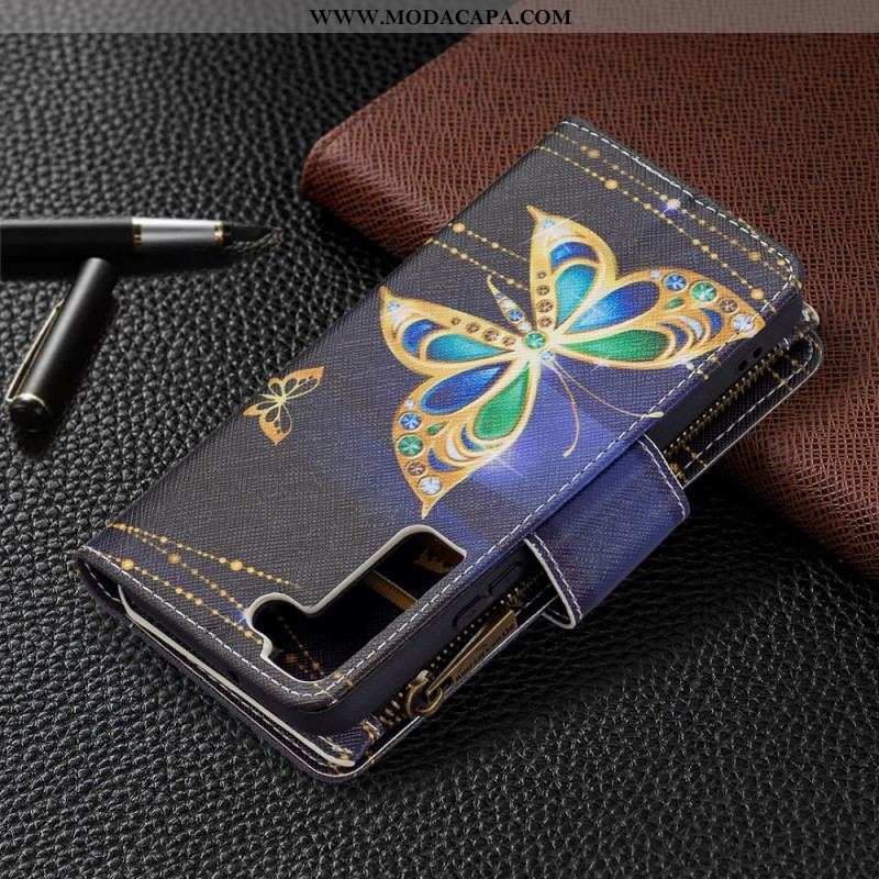 Capa Em Pele Para Samsung Galaxy S22 5G Bolso Com Zíper De Borboletas