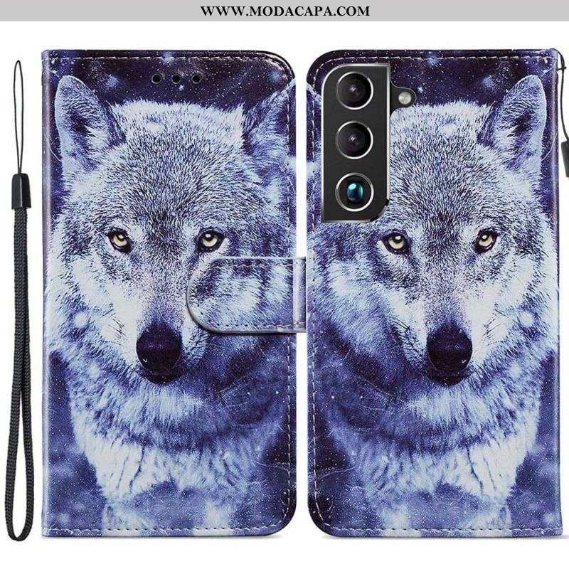 Capa De Couro Para Samsung Galaxy S22 Plus 5G Lindos Lobos Com Cordão