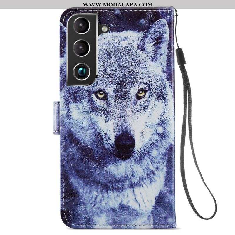 Capa De Couro Para Samsung Galaxy S22 Plus 5G Lindos Lobos Com Cordão