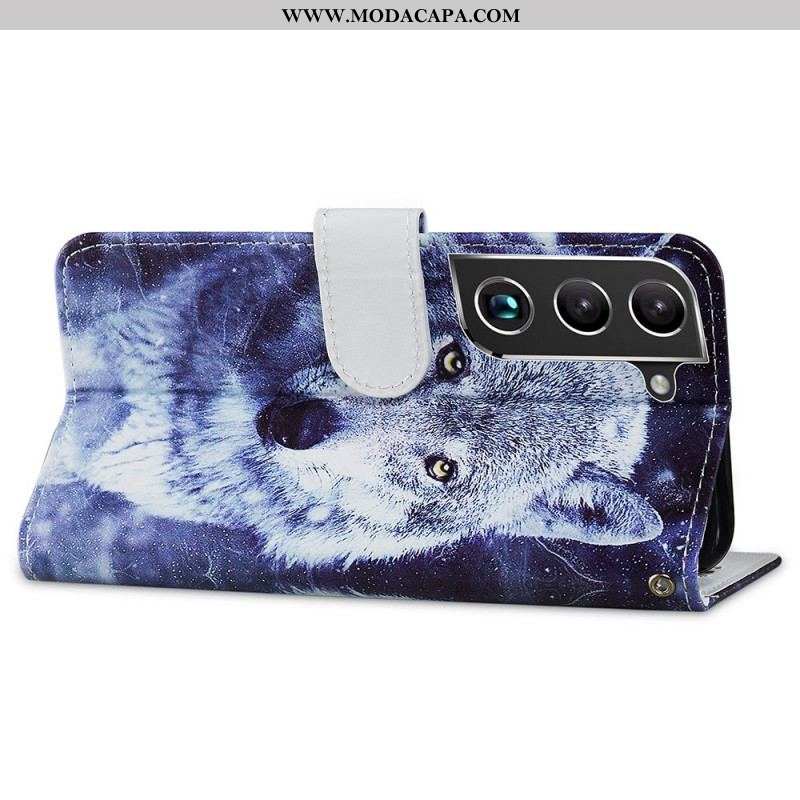 Capa De Couro Para Samsung Galaxy S22 Plus 5G Lindos Lobos Com Cordão