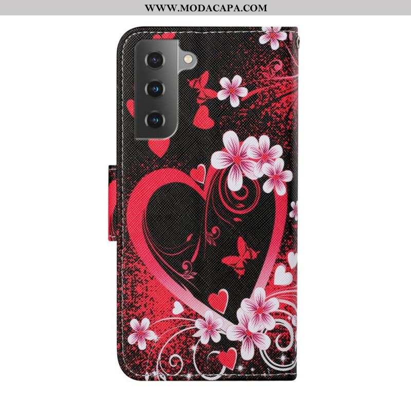 Capa Flip Para Samsung Galaxy S22 Plus 5G Flores E Corações Com Cordão