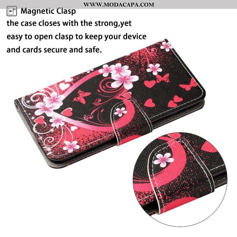 Capa Flip Para Samsung Galaxy S22 Plus 5G Flores E Corações Com Cordão