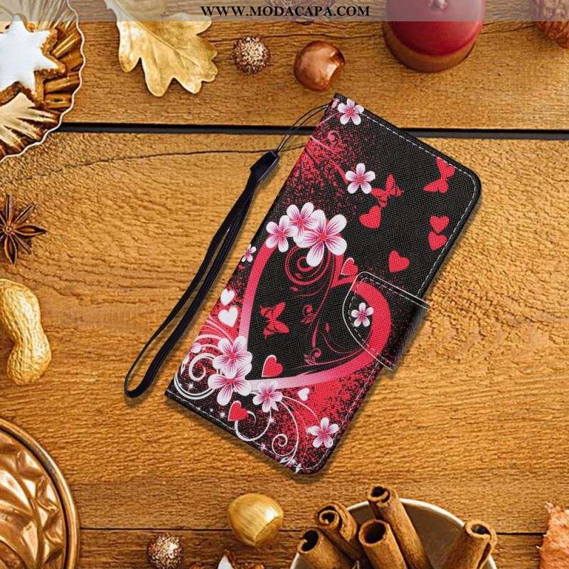 Capa Flip Para Samsung Galaxy S22 Plus 5G Flores E Corações Com Cordão