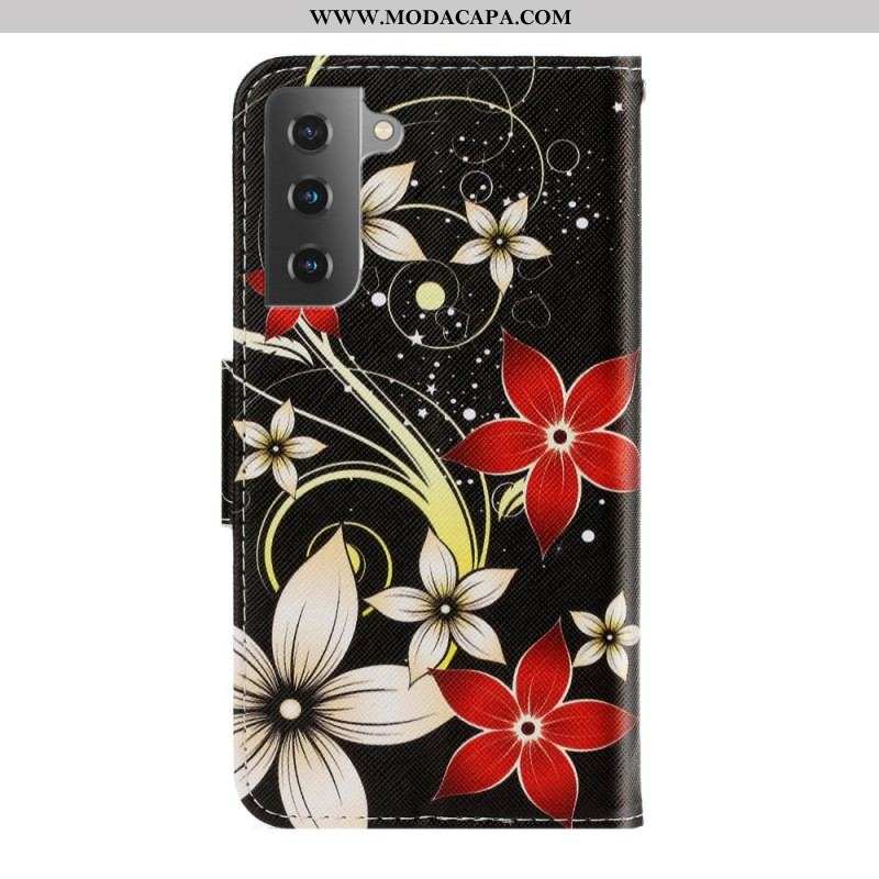 Capa De Couro Para Samsung Galaxy S22 Plus 5G De Cordão Flores Coloridas Com Tiras