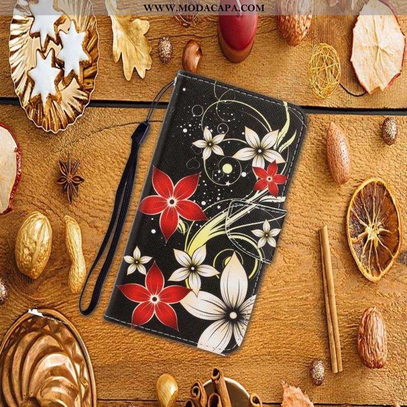 Capa De Couro Para Samsung Galaxy S22 Plus 5G De Cordão Flores Coloridas Com Tiras