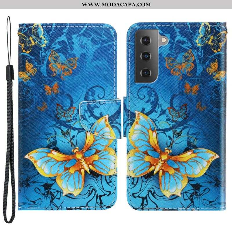 Capa Folio Para Samsung Galaxy S22 Plus 5G De Cordão Variações De Tiras Borboletas