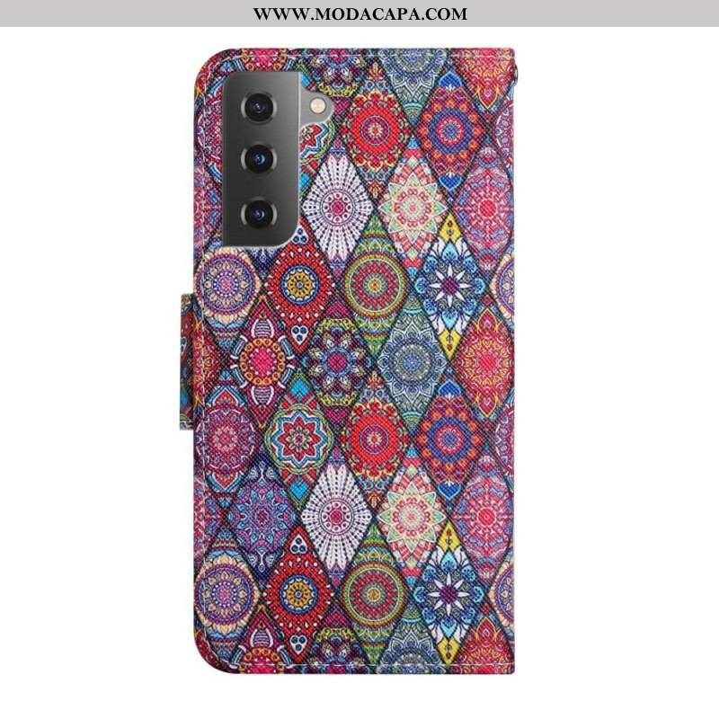 Capa Flip Para Samsung Galaxy S22 Plus 5G Padrão De Tapeçaria Colorida