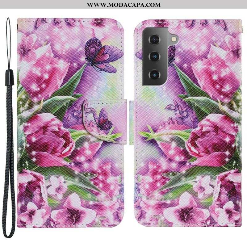 Capa Em Pele Para Samsung Galaxy S22 Plus 5G Borboletas E Tulipas