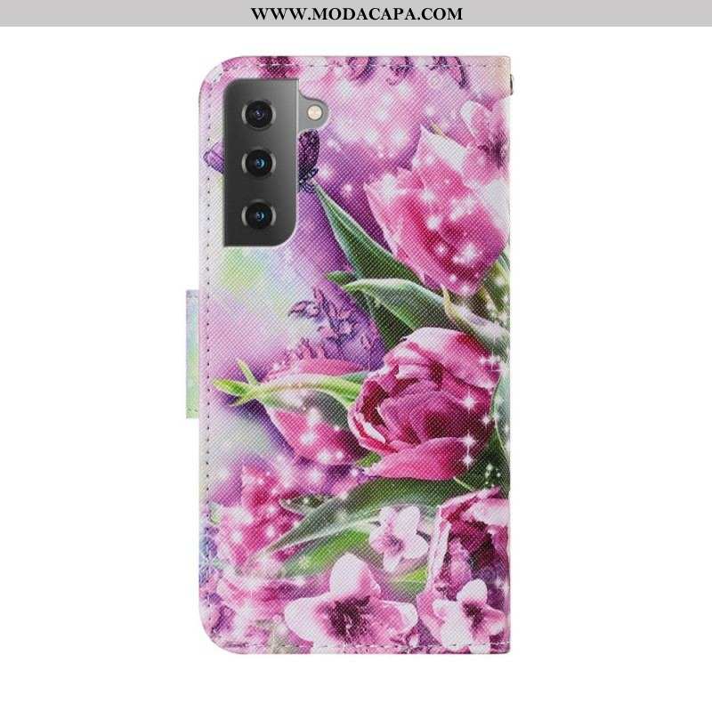 Capa Em Pele Para Samsung Galaxy S22 Plus 5G Borboletas E Tulipas