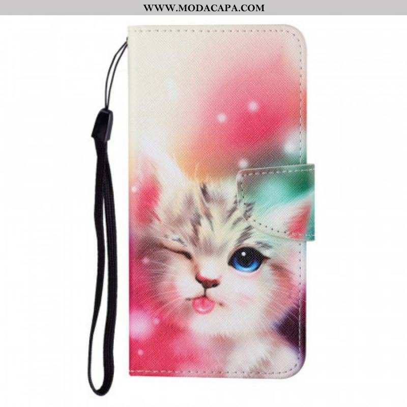 Capa Folio Para Samsung Galaxy S22 Plus 5G Gato Real Com Cordão