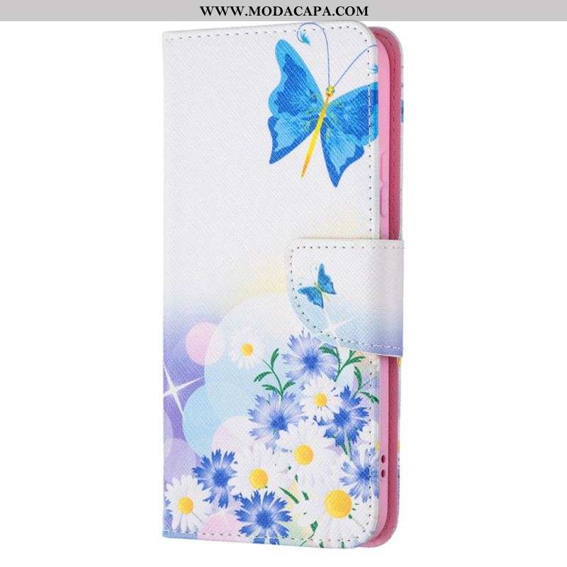 Capa De Couro Para Samsung Galaxy S22 Plus 5G Borboletas E Flores Pintadas