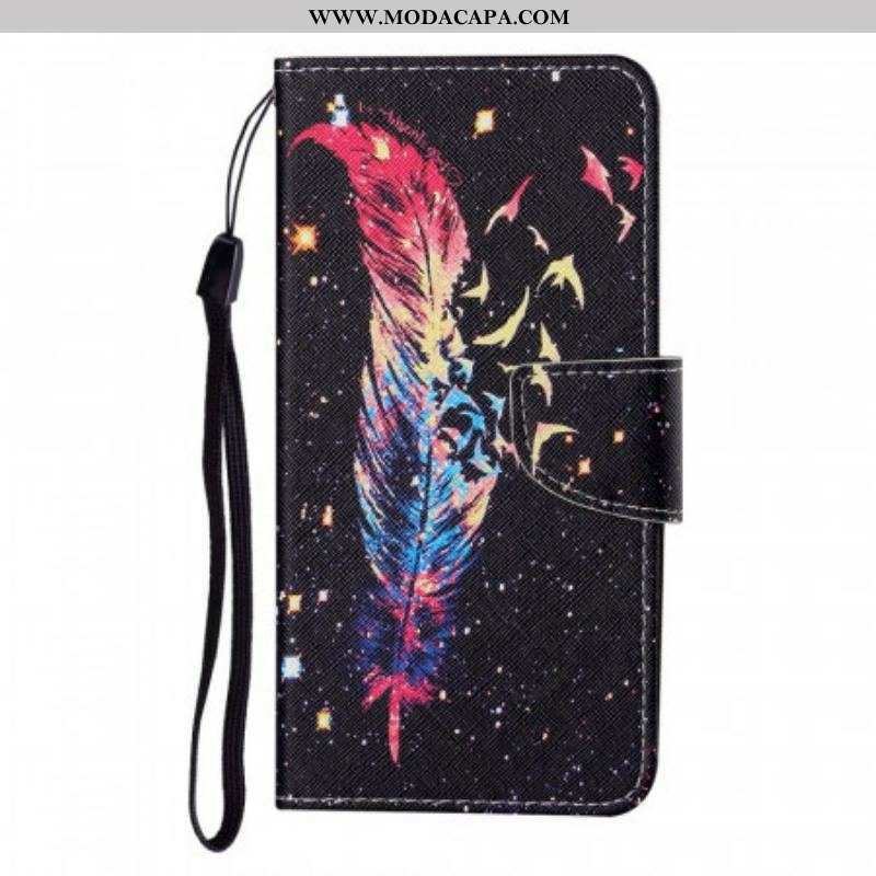 Capa De Couro Para Samsung Galaxy S22 Plus 5G De Cordão Pena Colorida Com Alça