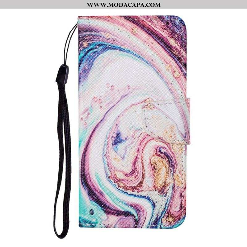 Capa Flip Para Samsung Galaxy S22 Plus 5G Mármore Com Cordão