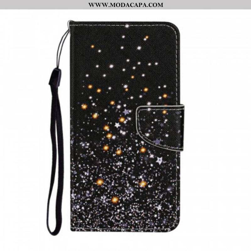 Capa Flip Para Samsung Galaxy S22 Plus 5G Estrelas E Lantejoulas Com Cordão