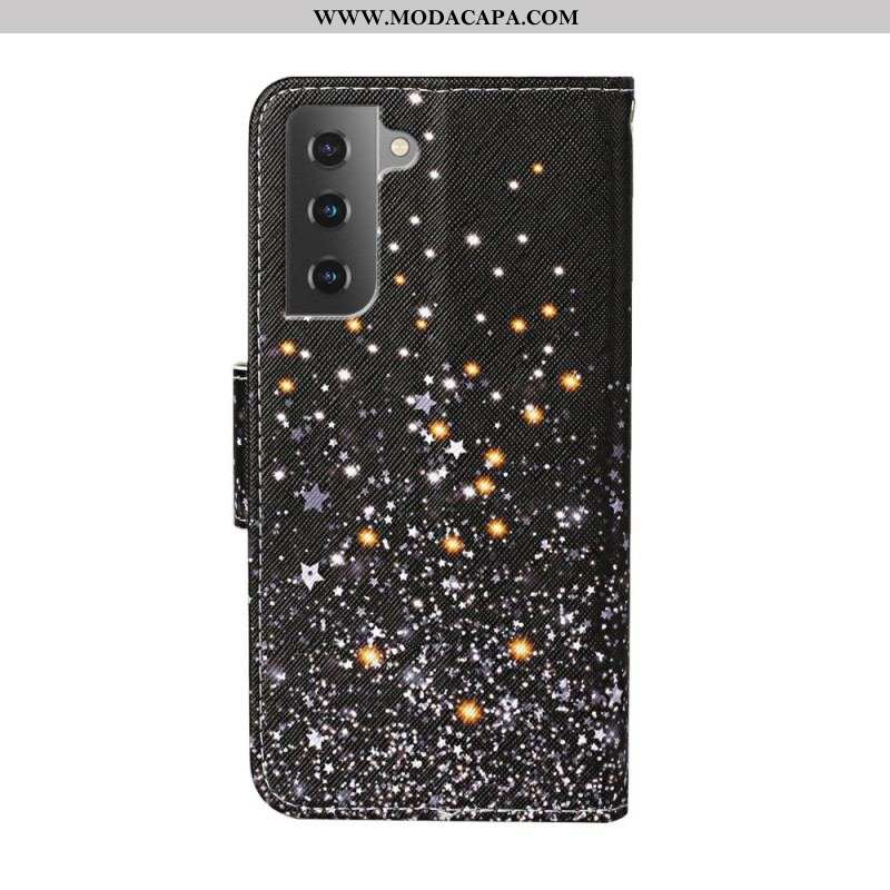 Capa Flip Para Samsung Galaxy S22 Plus 5G Estrelas E Lantejoulas Com Cordão