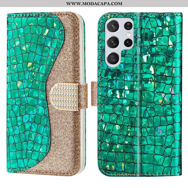 Capa De Couro Para Samsung Galaxy S22 Ultra 5G Diamantes De Crocodilo