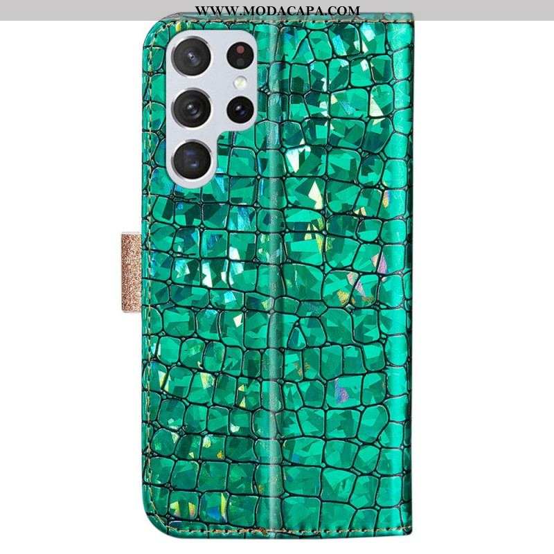 Capa De Couro Para Samsung Galaxy S22 Ultra 5G Diamantes De Crocodilo