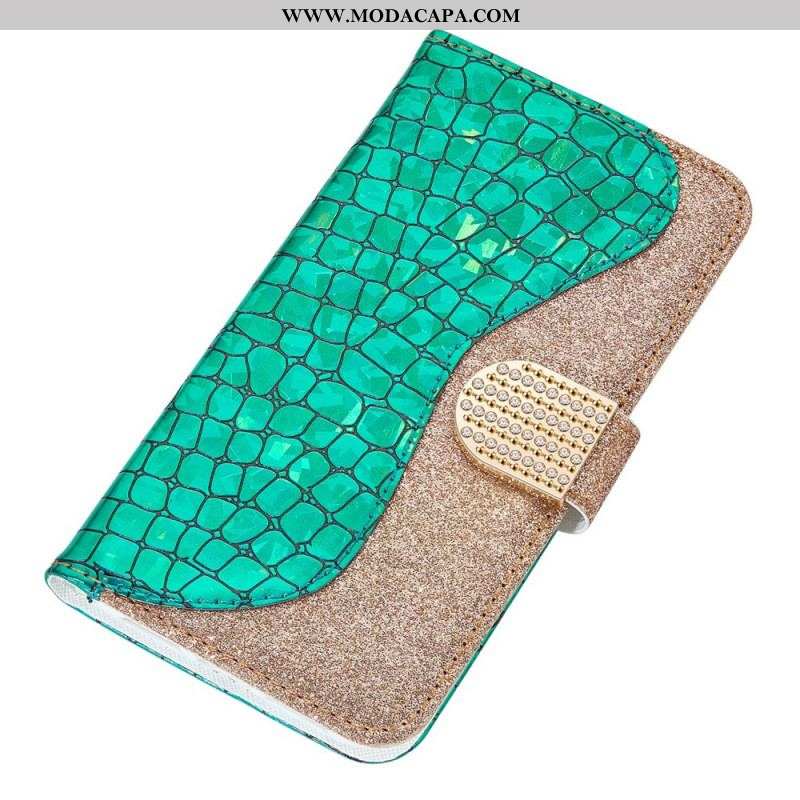 Capa De Couro Para Samsung Galaxy S22 Ultra 5G Diamantes De Crocodilo