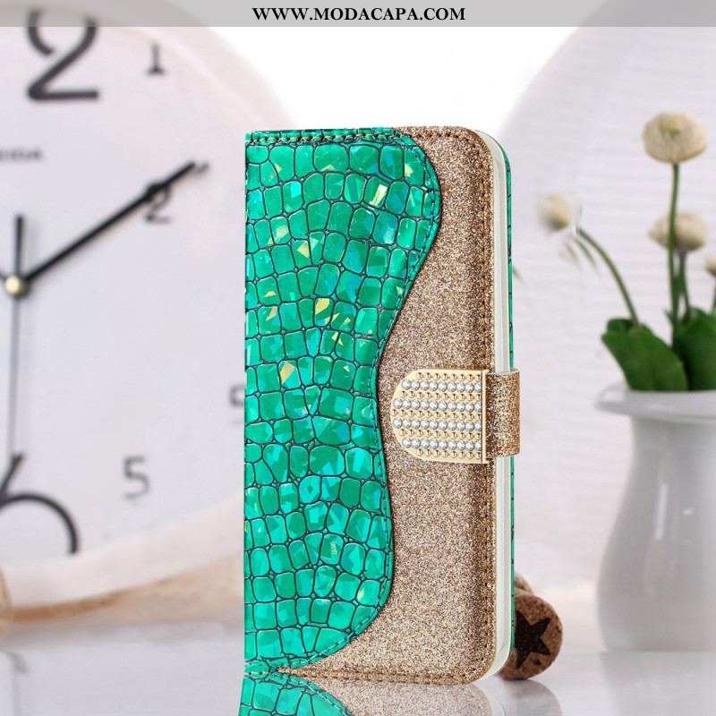 Capa De Couro Para Samsung Galaxy S22 Ultra 5G Diamantes De Crocodilo