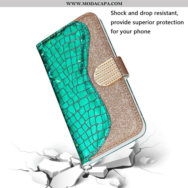 Capa De Couro Para Samsung Galaxy S22 Ultra 5G Diamantes De Crocodilo