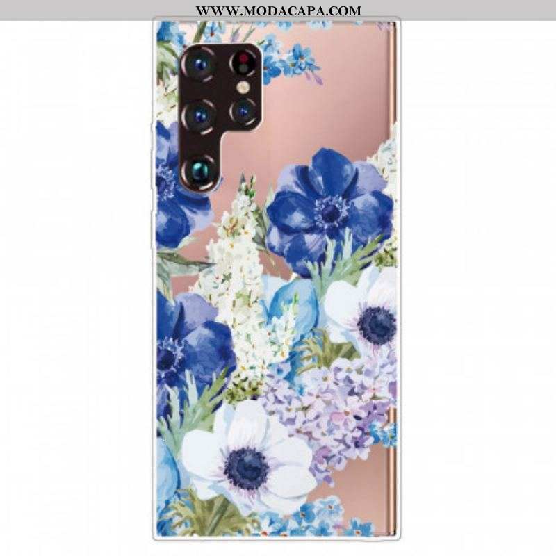 Capa Para Samsung Galaxy S22 Ultra 5G Aquarela Flores Azuis