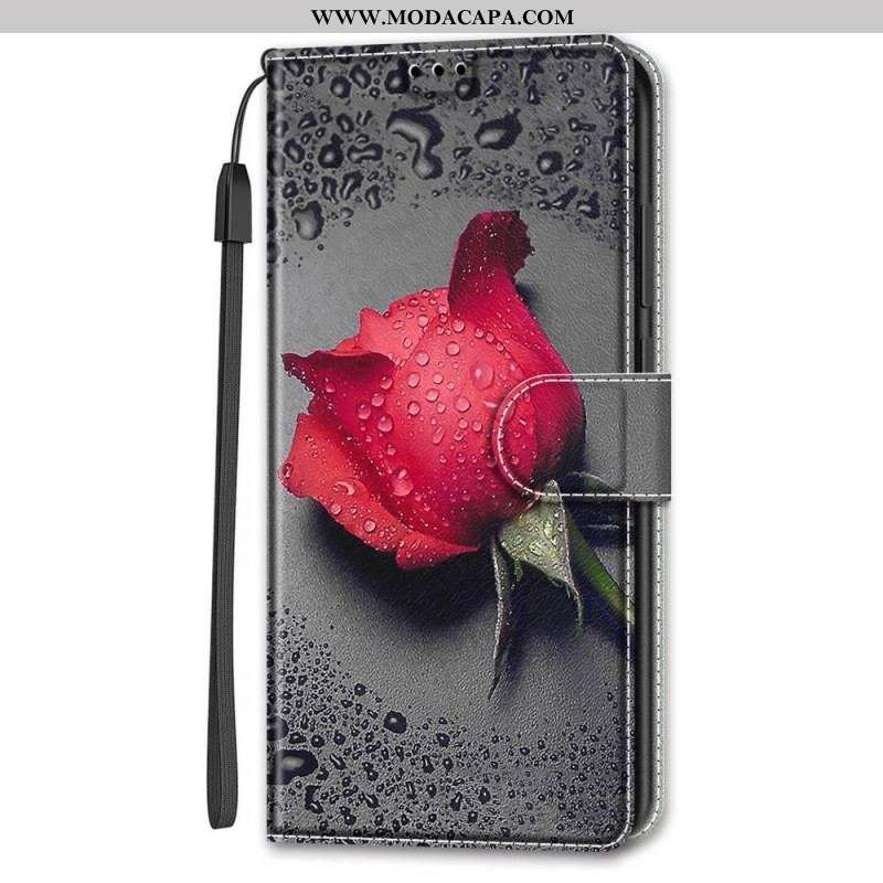 Capa De Couro Para Samsung Galaxy S22 Ultra 5G Rosas Com Cordão