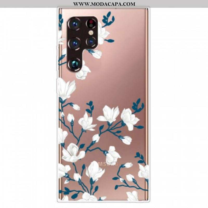 Capa Para Samsung Galaxy S22 Ultra 5G Flores Brancas Sem Costura