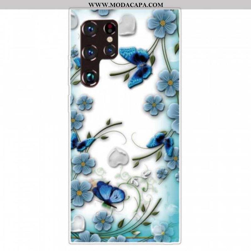 Capa Para Samsung Galaxy S22 Ultra 5G Borboletas E Flores Retrô