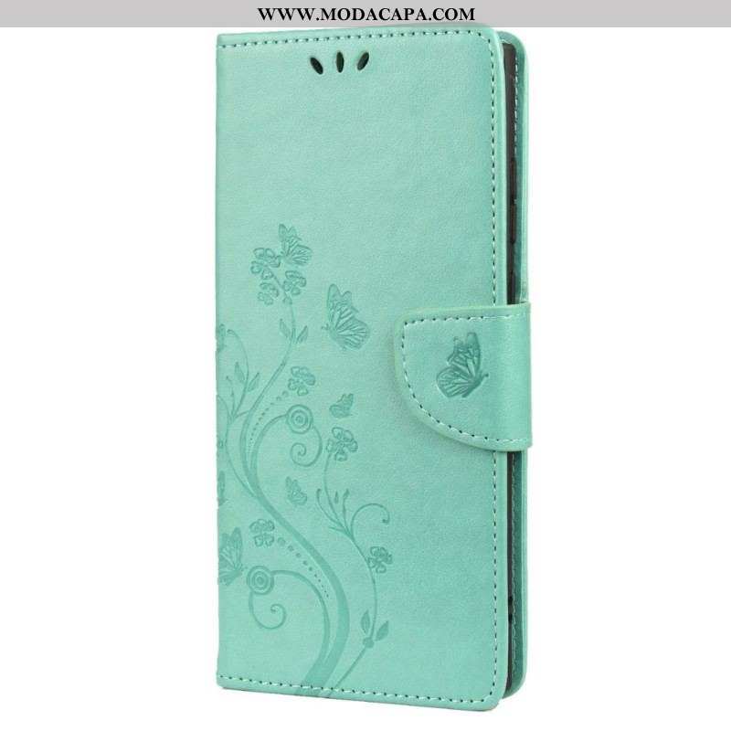 Capa Em Pele Para Samsung Galaxy S22 Ultra 5G Borboletas E Flores Com Cordão